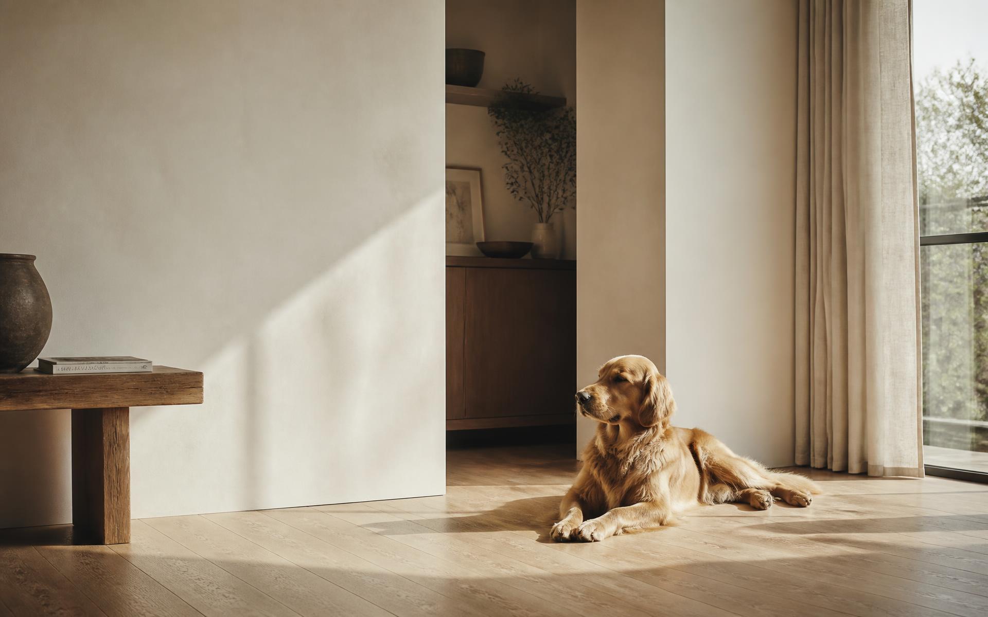 A golden retriever resting in a sunlit minimal home
